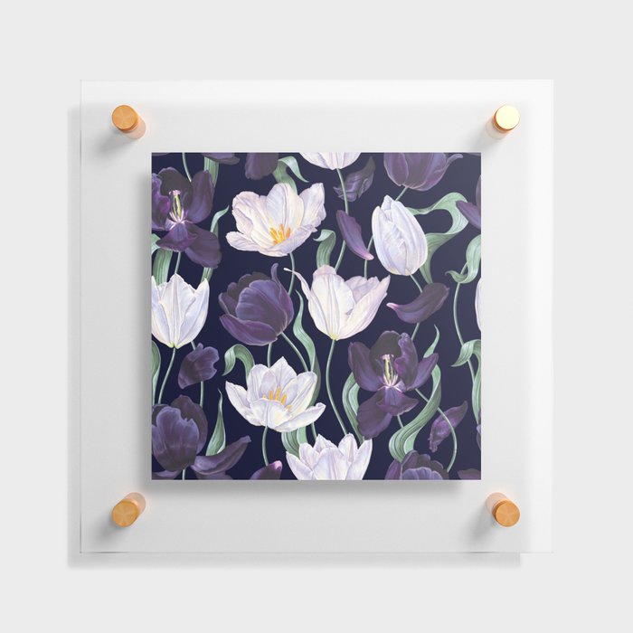 Purple and White Tulip Floral Prints on Navy Blue Floating Acrylic Print