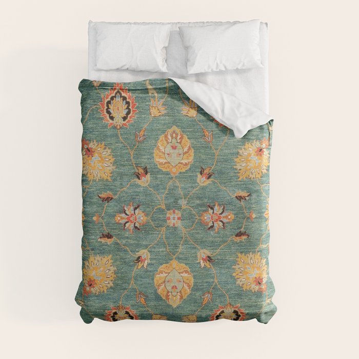 Oushak Antique Gold Teal Turkish Rug Print Duvet Cover by Vicky Brago