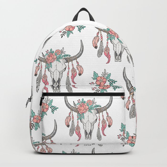 Boho Longhorn Cow Skull with Feathers and Peach Flowers Backpack
