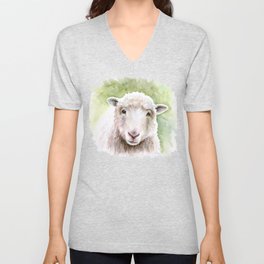White Happy Sheep Watercolor Painting V Neck T Shirt