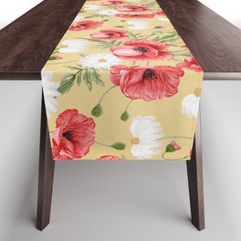 Daisy and Poppy Seamless Pattern on Beige Background Table Runner