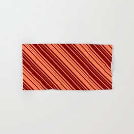 [ Thumbnail: Coral & Maroon Colored Lined/Striped Pattern Hand & Bath Towel ]