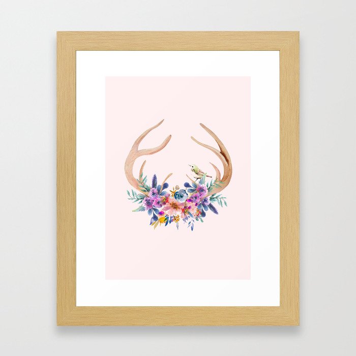Antlers with Flowers Framed Art Print