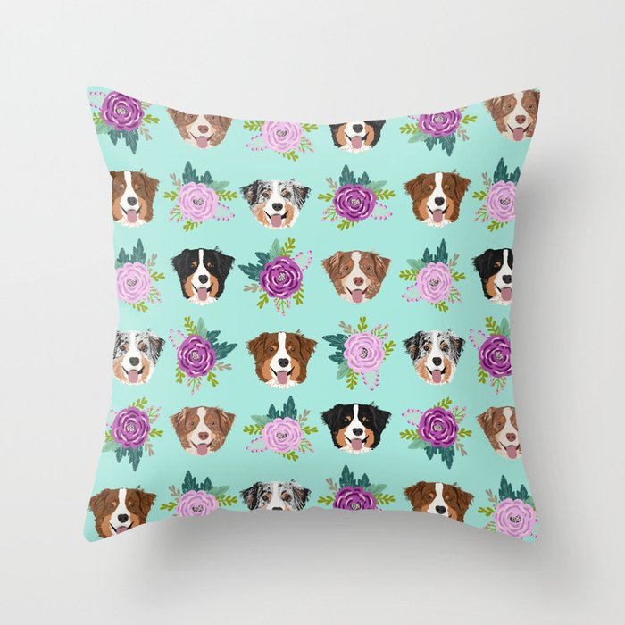 Australian Shepherd dog breed dog faces cute floral dog pattern Throw Pillow