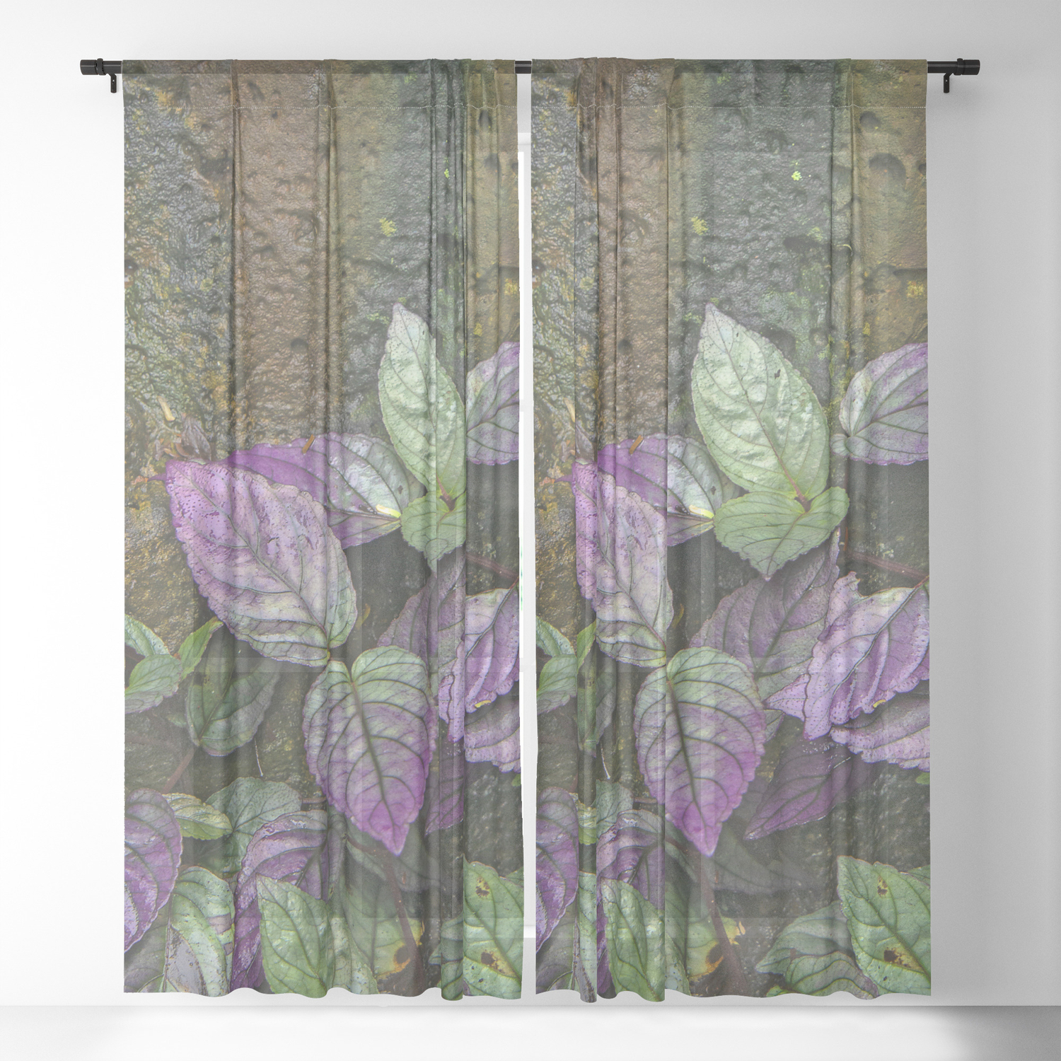 Purple And Green Leaves On Multi Colored Bark Sheer Curtain By