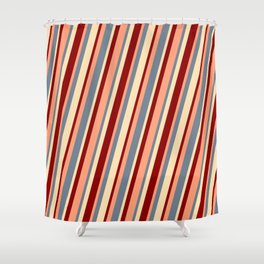 [ Thumbnail: Light Salmon, Slate Gray, Beige, and Dark Red Colored Lines Pattern Shower Curtain ]