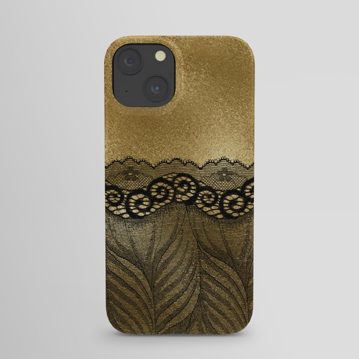 Black floral luxury lace on gold effect metal background iPhone Case