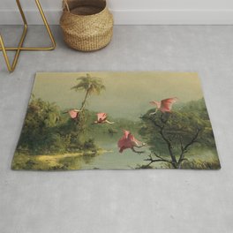 Spoonbills in the Mist Rug | Landscape, Roseate, Tropical, Painting, Digital, Reproduction, Spoonbills, Wadingbirds, Conservation, Threatened 