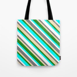 [ Thumbnail: Colorful Grey, Tan, Forest Green, Aqua & White Colored Pattern of Stripes Tote Bag ]