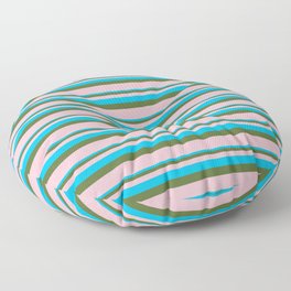 [ Thumbnail: Deep Sky Blue, Dark Olive Green & Pink Colored Lined/Striped Pattern Floor Pillow ]