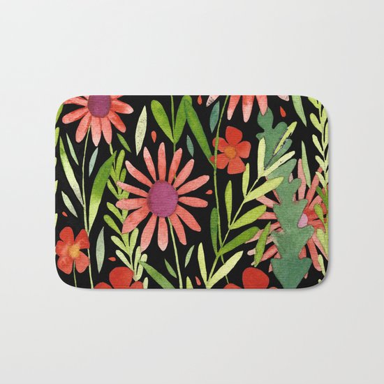 Flower Burst Orange and Black, floral pattern design Bath Mat