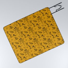 Mustard and Black Christmas Snowman Doodle Pattern Picnic Blanket