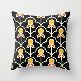 Mid-Century Modern Minimalist Decorative Flower Leaves Seamless Textile and Fabric Pattern - Black & Orange Throw Pillow