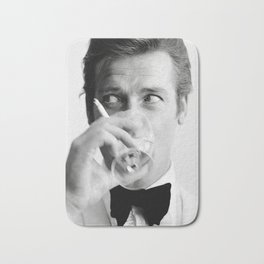 Roger Moore with Martini Retro Vintage Art Bath Mat | Curated, Martini, Rogermoore, Photo, Retro, Vintage, Cigarette, Beverage, Blackandwhite, Dapperman 