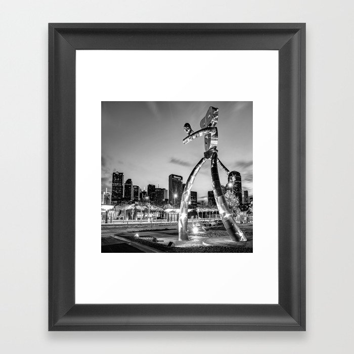 Dallas Skyline and Traveling Man in Black and White - 1x1 Framed Art Print