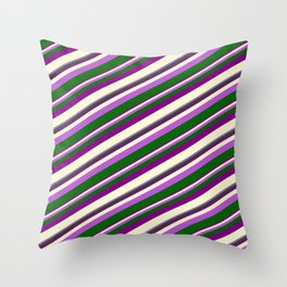 [ Thumbnail: Orchid, Dark Green, Purple, and Light Yellow Colored Stripes Pattern Throw Pillow ]