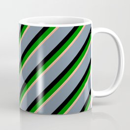 [ Thumbnail: Light Salmon, Light Slate Gray, Black, Green, and Light Cyan Colored Stripes/Lines Pattern Coffee Mug ]