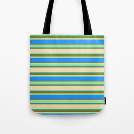 [ Thumbnail: Tan, Light Green, Blue, and Green Colored Lined/Striped Pattern Tote Bag ]