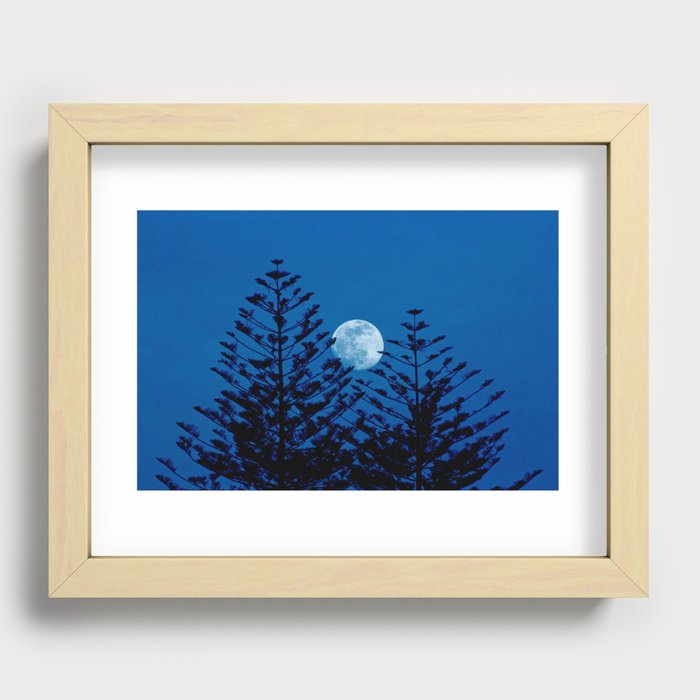 Two Evergreen Trees Night Full Moon Recessed Framed Print