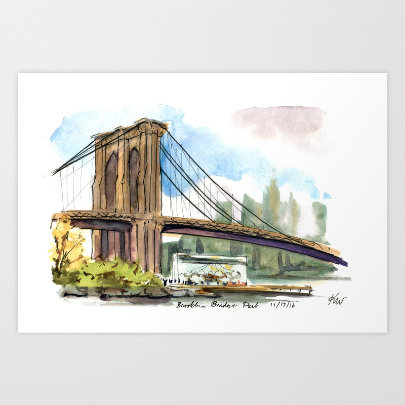 Brooklyn Bridge In November Art Print By Ramblingsketcher Society6