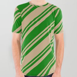 [ Thumbnail: Tan and Green Colored Lined Pattern All Over Graphic Tee ]