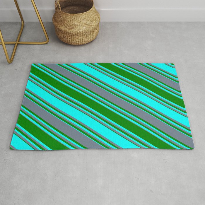Slate Gray, Green & Cyan Colored Stripes/Lines Pattern Rug