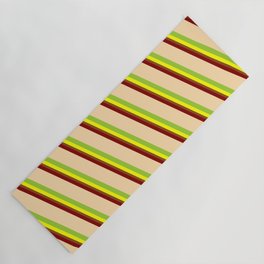 [ Thumbnail: Vibrant Maroon, Tan, Green, Yellow & Brown Colored Lined/Striped Pattern Yoga Mat ]