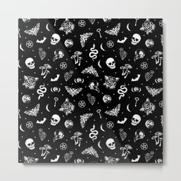 Witchcraft B&W Metal Print | Esoteric, Pagan, Snake, Graphicdesign, Pattern, Occult, White, Mushroom, Moon, Moth 
