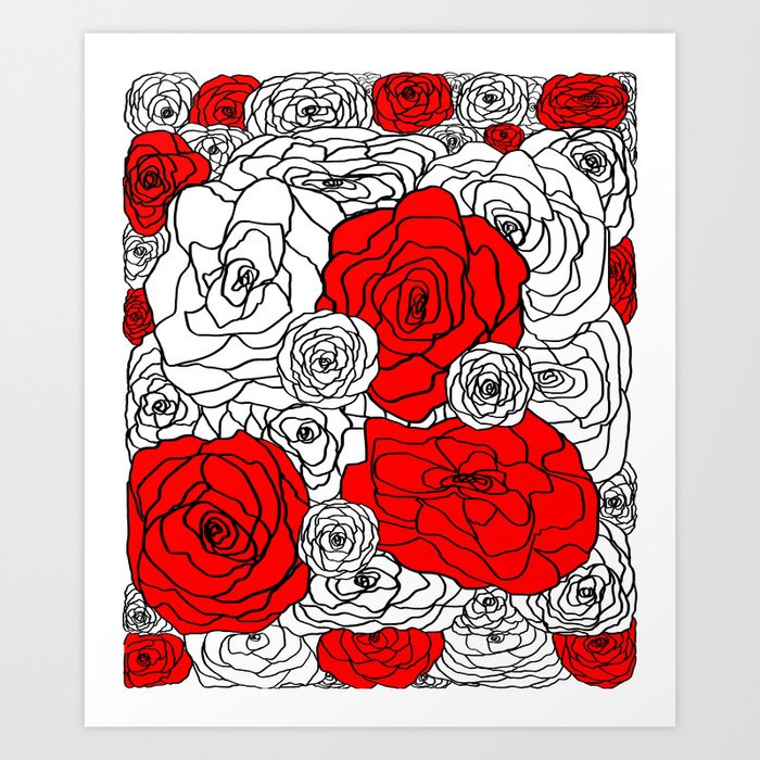 White & Red Rose Bush Art Print