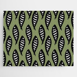 Abstract black and white fish pattern Sage green Jigsaw Puzzle