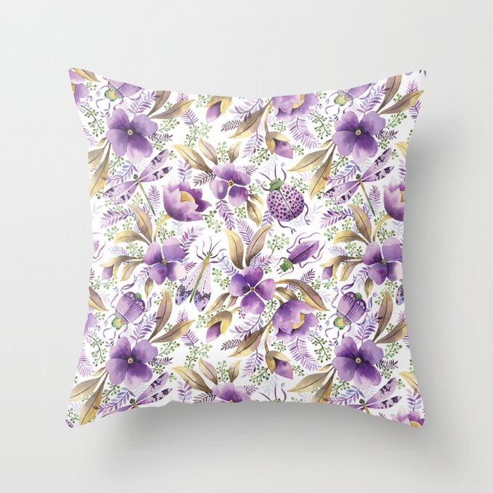 violet garden floral pattern Throw Pillow