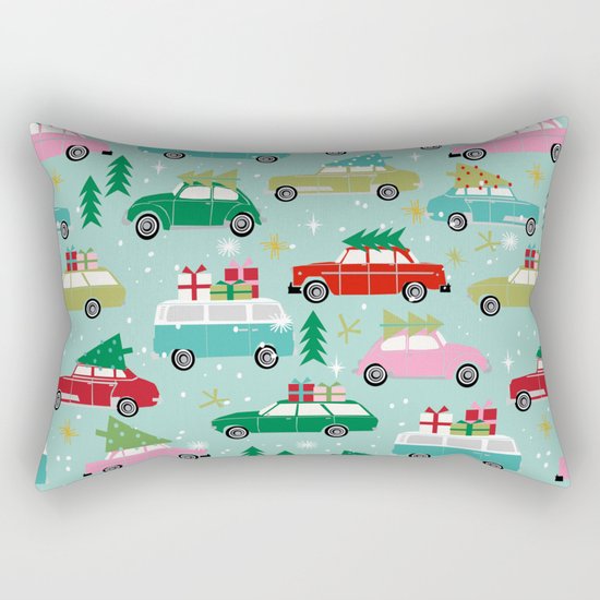 Vintage Christmas cars festive holiday traditions snow winter snowflakes classic car pattern Rectangular Pillow