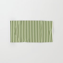 [ Thumbnail: Beige and Dark Olive Green Colored Pattern of Stripes Hand & Bath Towel ]