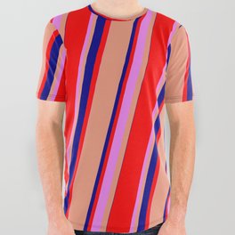 [ Thumbnail: Dark Salmon, Blue, Red, and Violet Colored Lines Pattern All Over Graphic Tee ]