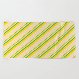 [ Thumbnail: Sea Green, Yellow & Tan Colored Lines/Stripes Pattern Beach Towel ]