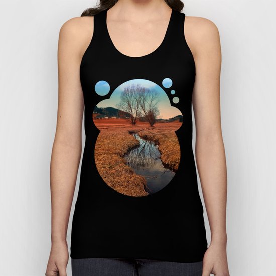 A stream, dry grass, reflections and trees | waterscape photography Unisex Tank Top