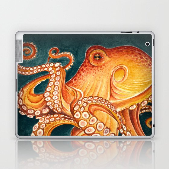 Orange Yellow Octopus in Dark Teal Ocean Watercolor Laptop & iPad Skin