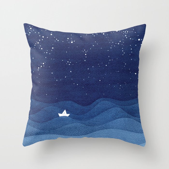 blue ocean waves, sailboat ocean stars Throw Pillow