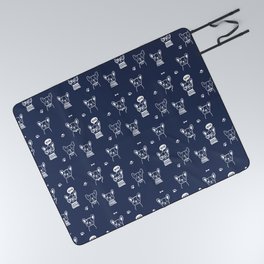 Navy Blue and White Hand Drawn Dog Puppy Pattern Picnic Blanket