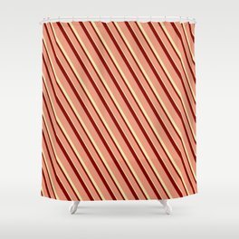 [ Thumbnail: Maroon, Dark Salmon & Pale Goldenrod Colored Stripes Pattern Shower Curtain ]