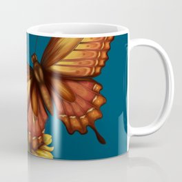 Broken Mariposa in Blue - Autumn Butterfly with Torn Wing and Sunflowers Coffee Mug