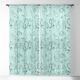 Black and White Paisley Pattern on Mint Blue Background Sheer Curtain