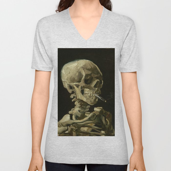 Skull of a Skeleton with Burning Cigarette by Vincent van Gogh V Neck T Shirt