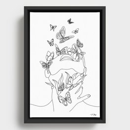 Woman face with butterfly. Line art female hands with butterflies. Abstract face with butterfly by one line drawing. Portrait minimalistic style. Botanical print. Nature symbol of cosmetics.  Framed Canvas