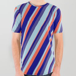 [ Thumbnail: Dark Slate Blue, Light Blue, Red, and Dark Blue Colored Lined Pattern All Over Graphic Tee ]