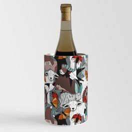 Geo spring animal party // green grey linen texture background brown aqua mint orange and neon red details Wine Chiller