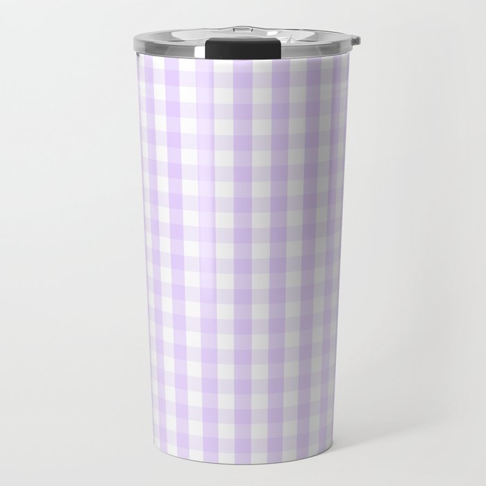 Chalky Pale Lilac Pastel and White Gingham Check Plaid Travel Mug