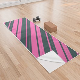 [ Thumbnail: Hot Pink and Dark Slate Gray Colored Lined Pattern Yoga Towel ]