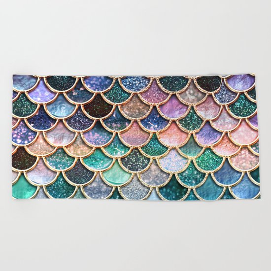 Multicolor pink and aqua mermaid scales - Beautiful abstract glitter pattern Beach Towel