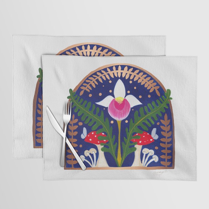 Showy Lady Slipper with ferns and mushrooms Placemat